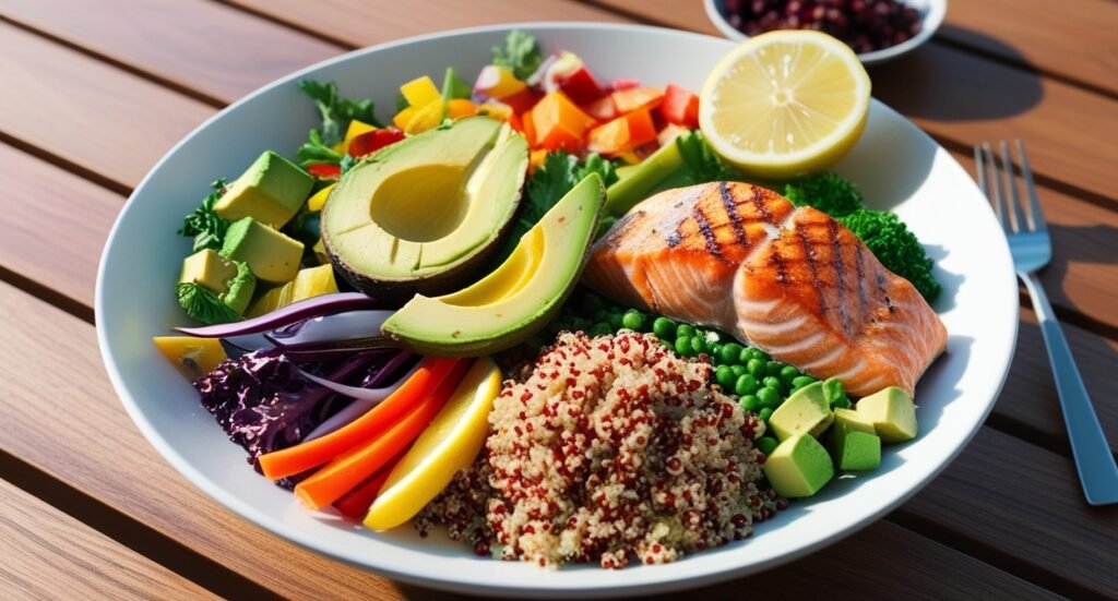 Refeição saudável com legumes, quinoa e salmão para emagrecimento equilibrado