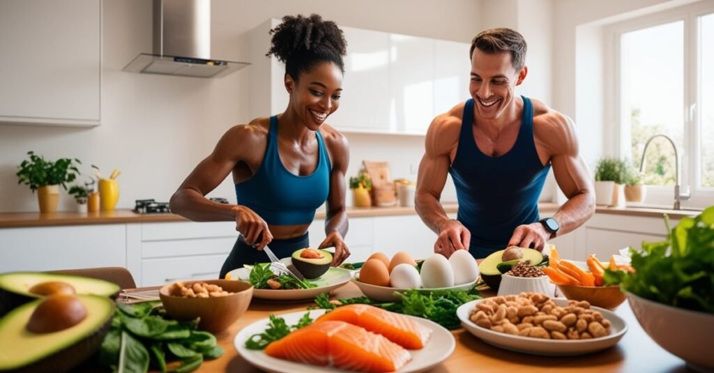 Casal saudável preparando uma refeição low carb colorida com alimentos naturais, representando os benefícios comprovados da dieta low carb para energia e bem-estar.