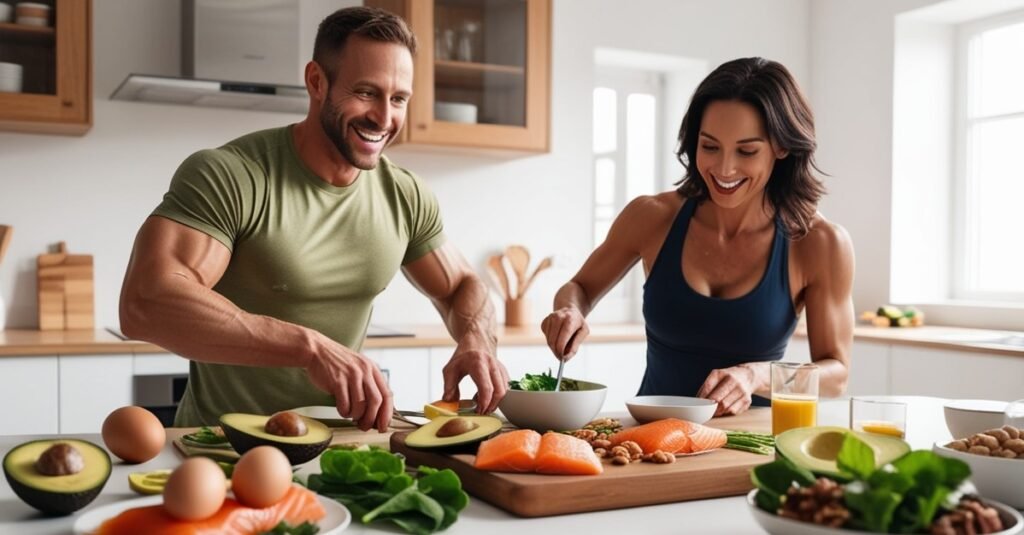 Pessoa saudável e energética mostrando resultados reais e sustentáveis da dieta low carb, cercada por alimentos saudáveis como abacate, salmão, ovos e vegetais verdes.