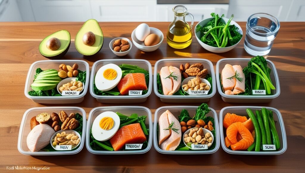 Imagem mostrando um cardápio semanal low carb com refeições saudáveis, equilibradas e coloridas organizadas para cada dia da semana