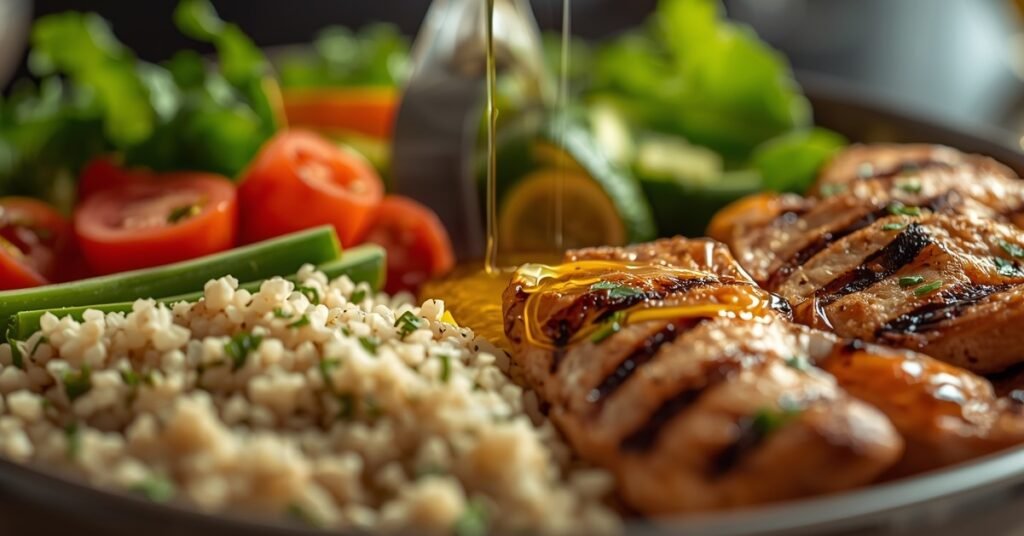 “Prato equilibrado com quinoa, frango grelhado e vegetais coloridos — exemplo de receita saudável e balanceada.”