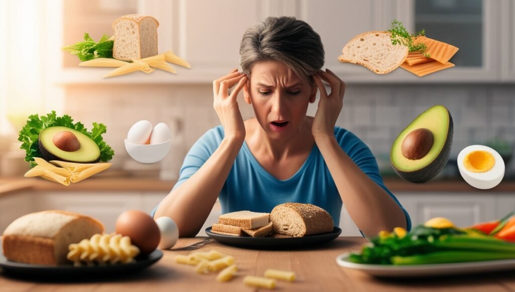 Pessoa confusa diante de alimentos low carb e ricos em carboidratos, representando erros comuns na dieta low carb e como evitá-los