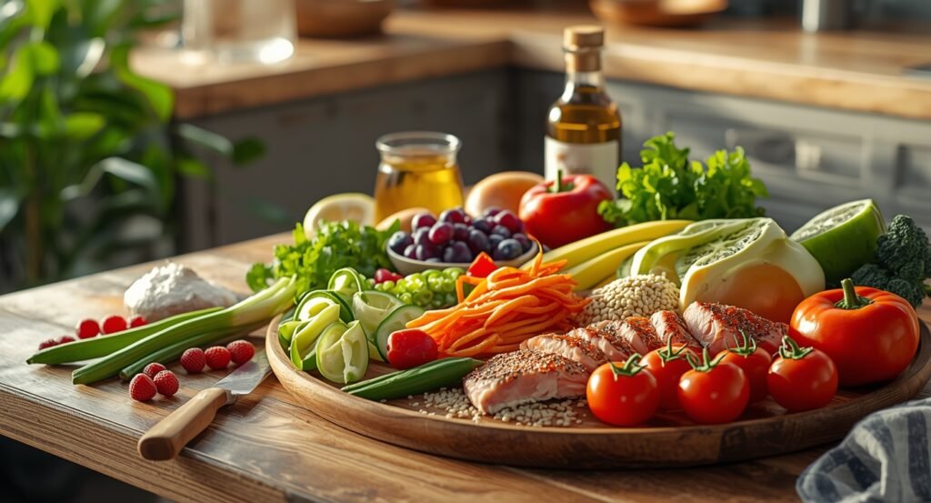 Prato com receitas low carb coloridas e saudáveis, como ovos, legumes, salmão e abacate, ideais para o dia a dia