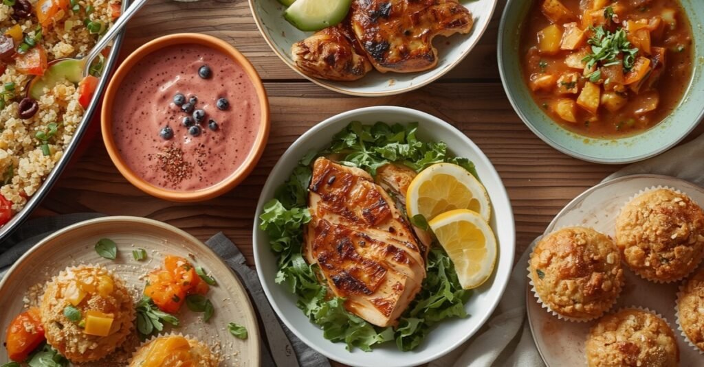 “Refeições saudáveis variadas em uma mesa colorida — café da manhã, almoço e jantar equilibrados.”